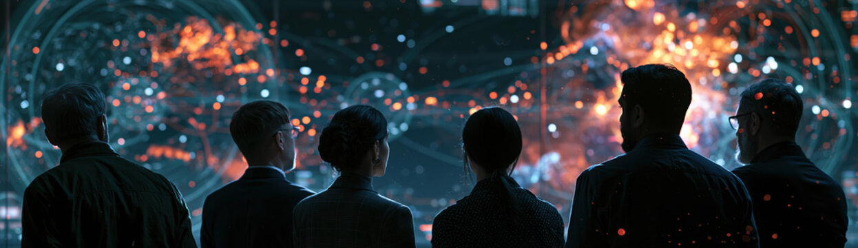 Diverse executive team at digital screen for ai governance, collaboration, and strategic decision making