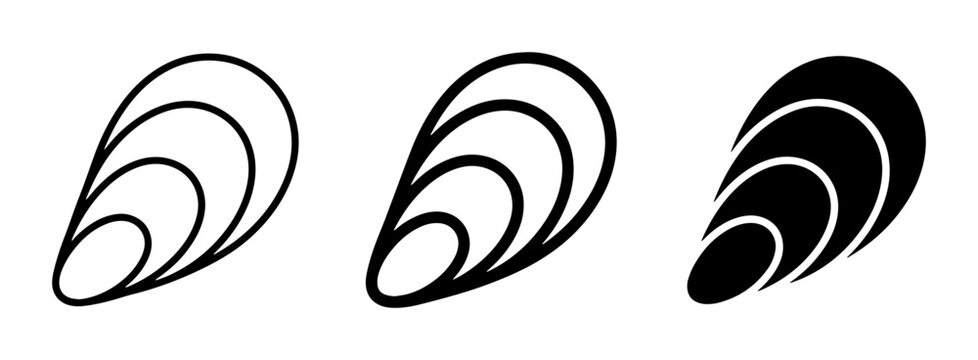 Mussel Shell Icons, Simple Outline and Solid Black Vector Graphics for Seafood and Marine Themes