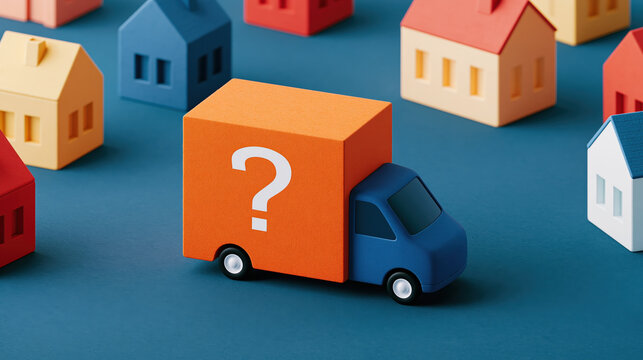 Electric delivery van for last mile delivery in model town with parcel box and question mark, logistics concept