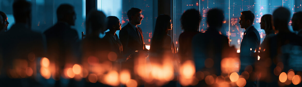 Executive team meeting in dark office with silhouetted people and city view, planning artificial intelligence governance