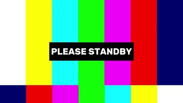 Television broadcast test card featuring vibrant colorful vertical bars and a central standby label in this classic digital motion video.