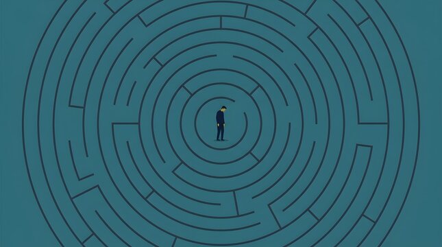 Businessman standing in the center of a complex circular maze