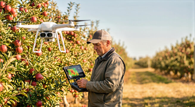 Male farmer operating a precision farming drone near ripe red apple trees in an orchard. Agricultural technician monitoring crop health with remote control tablet screen during harvest season