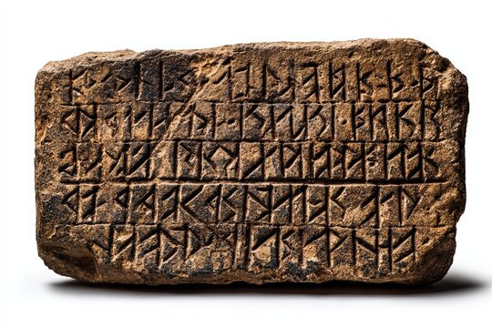 An ancient stone tablet inscribed with runic symbols, weathered by time, offers a glimpse into a lost history and forgotten language.