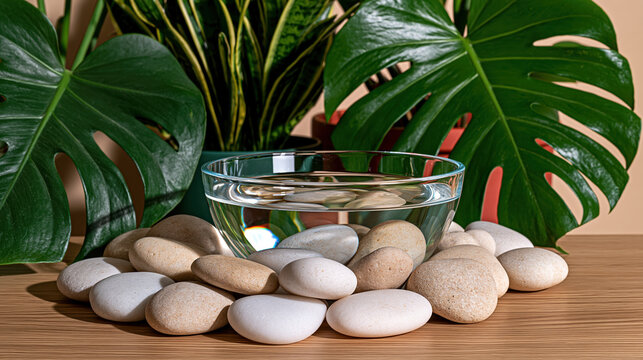 Indoor humidity concept with tropical houseplant and glass bowl on wood table surrounded by stone pebble