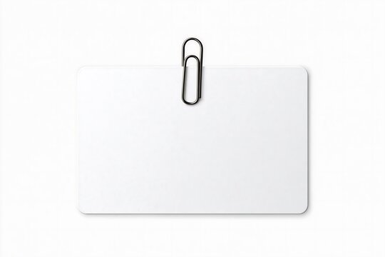 Blank white card note with silver metal paperclip isolated on white background mockup template for business message