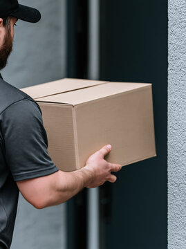 Parcel delivery courier carrying cardboard box at doorway, last mile delivery in urban home entryway