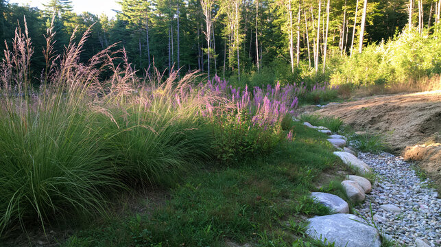 Native meadow garden design ornamental grass purple flower woodland landscape wildflower habitat sustainable garden nature path stone border green