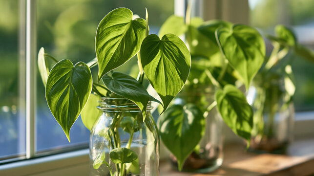 Plant propagation concept, green leaf cutting in glass jar near window with sunlight and soft blur