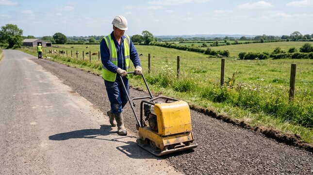 Road crew restores a rural shoulder after fiber conduit works