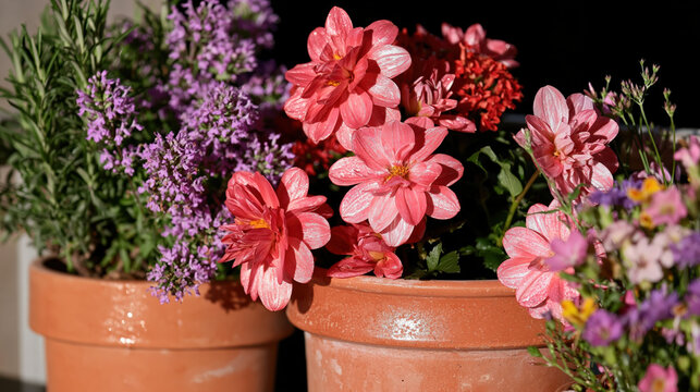 Potted flower arrangement with pink bloom and purple blossom in terracotta pot on sunny balcony