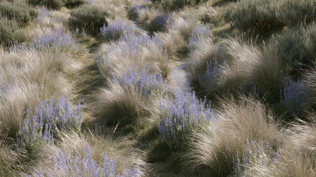 Rain garden landscape with native grass and flowering plant in dry garden bed, natural habitat feel