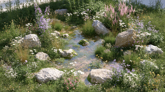 Rain garden landscape with native grass, flowering plant, stone, and shallow stream in green garden