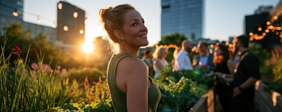 Rooftop garden workspace with smiling woman at sunset and blurred group in city skyline