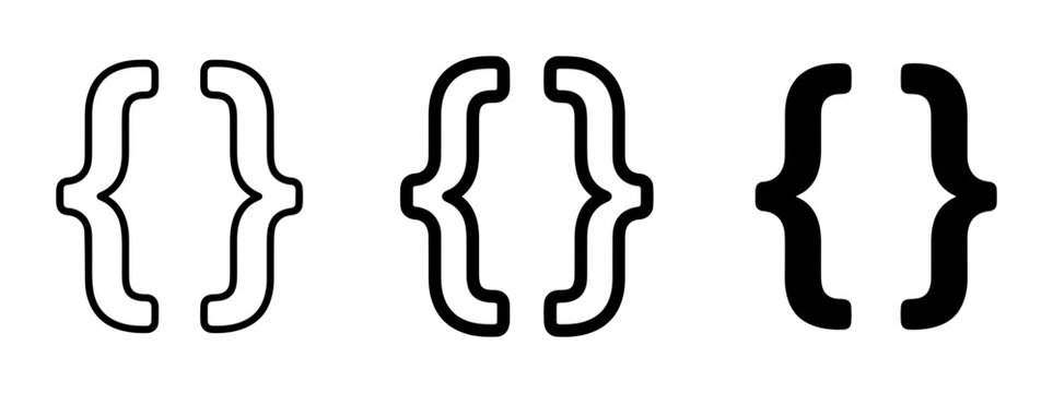 Curly Braces Icons, Set of 3 Variations: Outline, Double Outline, Solid Black
