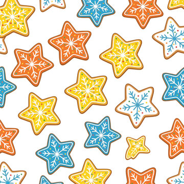 Seamless pattern of colorful star shaped holiday gingerbread cookies