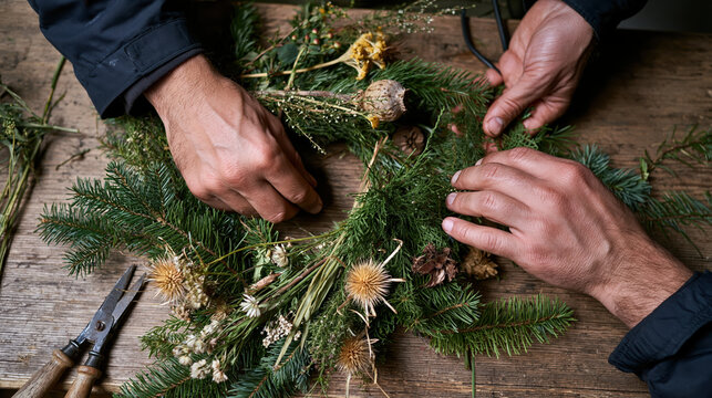 Wreath making hands arranging evergreen sprigs with dried flower and cone on wooden table