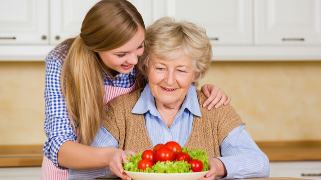 Young woman with elderly woman sharing salad in kitchen home care support and warm family care