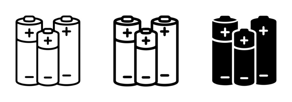 Battery Icons Set: Power Source Symbols, Energy Cells, Rechargeable Power, AA, AAA, C Types
