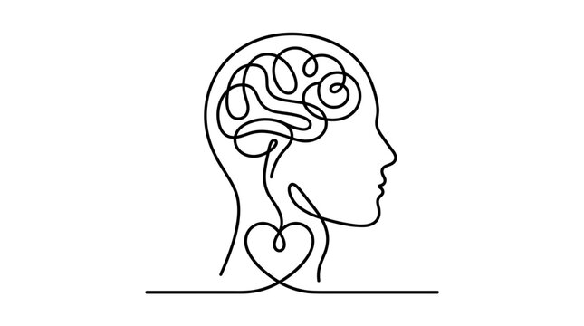 Minimalist continuous line drawing of human head profile with connected heart and brain art