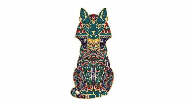 Ornate Egyptian Bastet Cat Illustration Sitting Centered on White Background