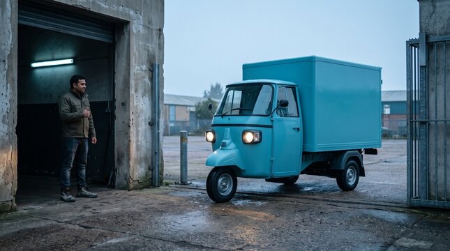 Serviced electric three wheeler leaves workshop at dawn
