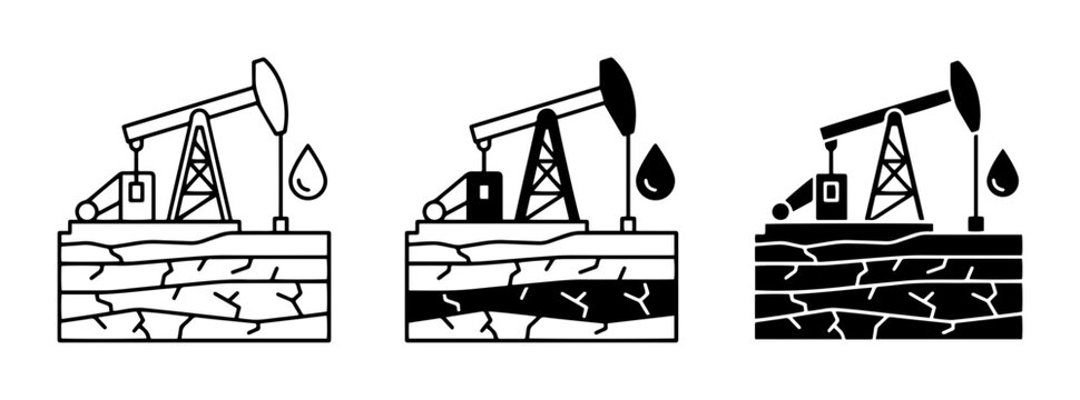 Oil Pumpjack Icons, Petroleum Extraction Symbols, Crude Oil Industry Graphics