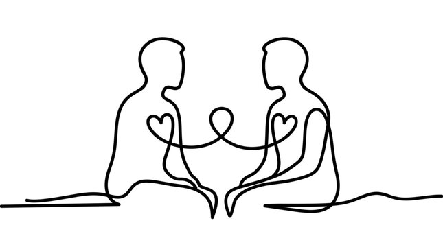 Continuous line drawing of two people sitting together connected by heart shapes in art