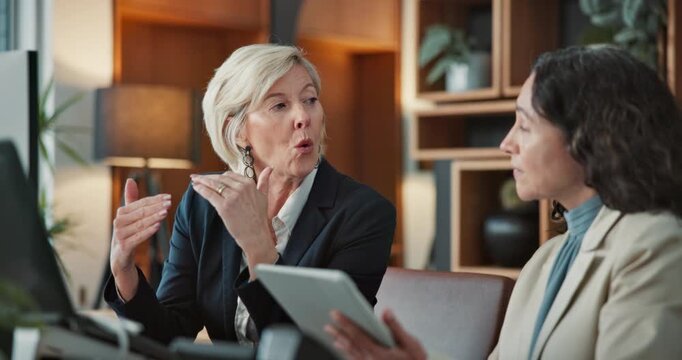 Lawyer, meeting and women in office on tablet for legal strategy, case study and research. Law firm, team and woman with paralegal on digital tech for online report, contract review and consulting