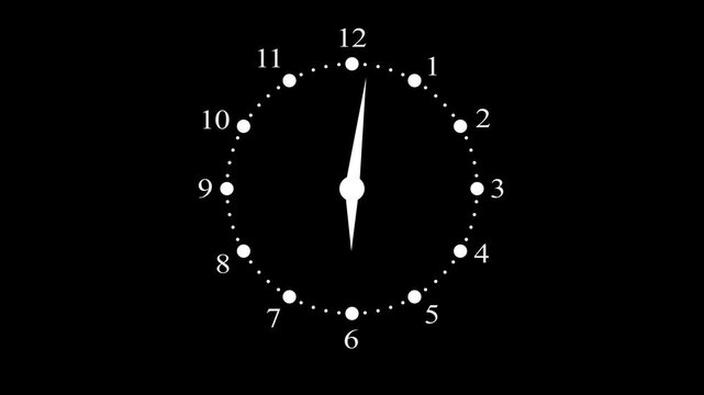 Clock spinning, watch animation on black background with alpha channel. Clock icon flat style. 12 hours clock dial , twelve hours time lapse animation. Analog clock spinning animation.