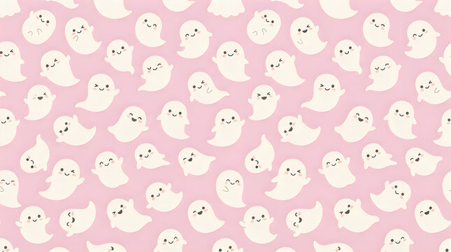 Ghosts with smiling faces create a repeating pattern across a soft pink background for festive projects.