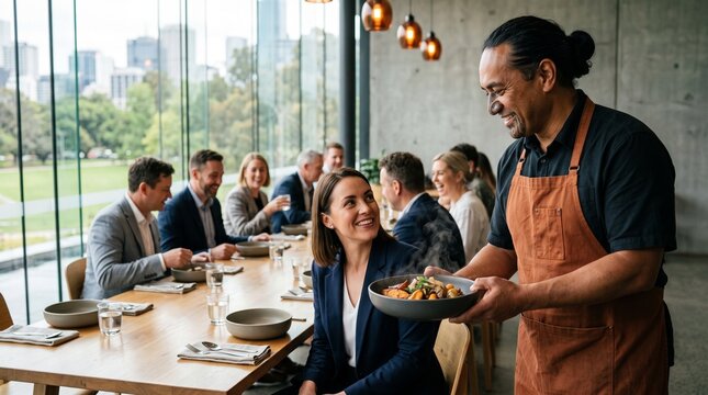 Modern hangi catering served at a corporate hospitality lunch