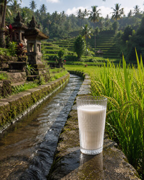 Glass of Fresh Milk on Mossy Stone Wall near Balinese Subak Rice Terrace Irrigation Canal