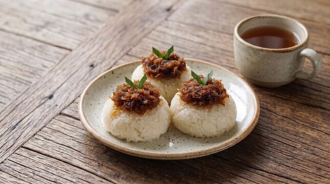 Three round portions of Indonesian ketan unti kelapa, glutinous sticky rice topped with sweet palm sugar coconut on a speckled plate with tea.