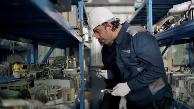 Maintenance technicians inspect robotic arm spare parts on warehouse shelves, checking circuit boards and industrial equipment for parts identification, repair planning, inventory control.