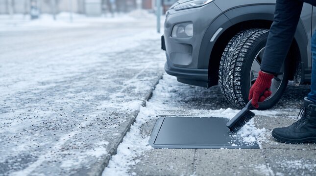 Electric car wheel beside a snow cleared wireless charging bay