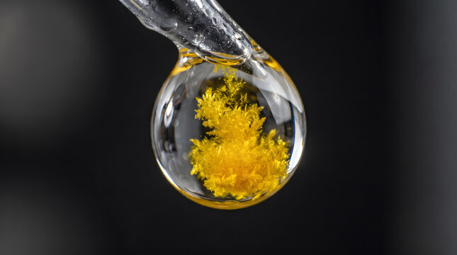 Macro photography of a chemical reaction: a bright yellow crystalline precipitate forms in a droplet hanging from a pipette.