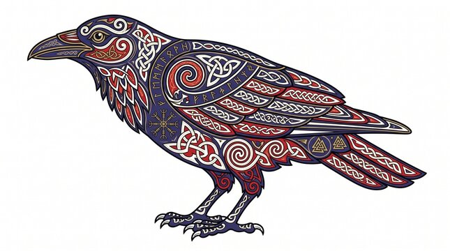 Celtic Style Raven Illustration with Traditional Norse Ornaments and Runes