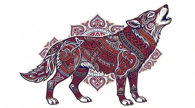 Ornate Celtic Style Howling Wolf Illustration with Norse Runes on White Background