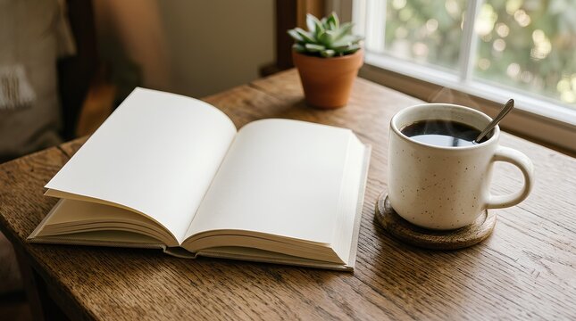 Open Blank Book and Coffee Mug on Wooden Table Near Window