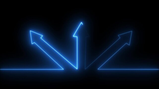 Three Blue Neon Arrows Radiating Upwards on Black Background light direction
