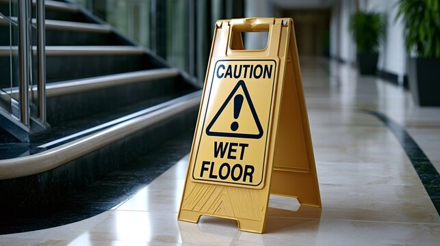 Yellow a frame wet floor warning sign standing on a polished marble floor in a building hallway, alerting people to slippery conditions and the need for caution
