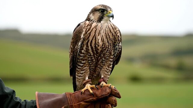 Majestic bird of prey falconry training with a falcon on a leather glove