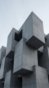 Geometric concrete building facade with cantilevered elements against a pale sky. Use: architectural visualization, modern design inspiration, grap...