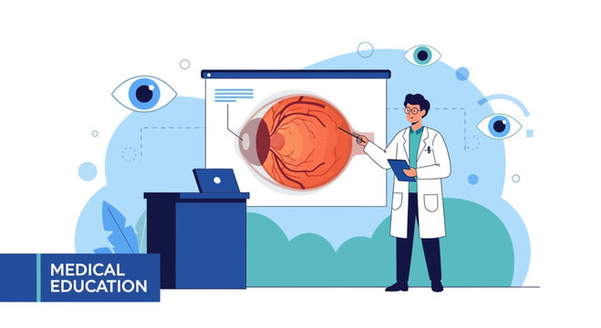 Doctor teaching ophthalmology: eye anatomy on screen, medical education concept