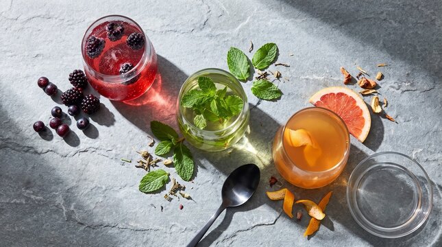 Three botanical sparkling drinks in a jewel toned flavor study