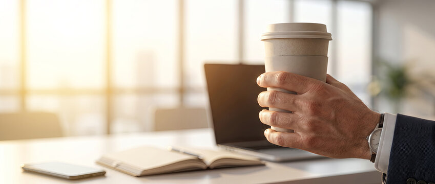 A businessman holds a coffee cup while working on financial analysis.