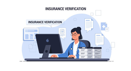 Fototapeta premium Doctor Verifying Insurance Online at Desk with Computer, Medical Office Workflow
