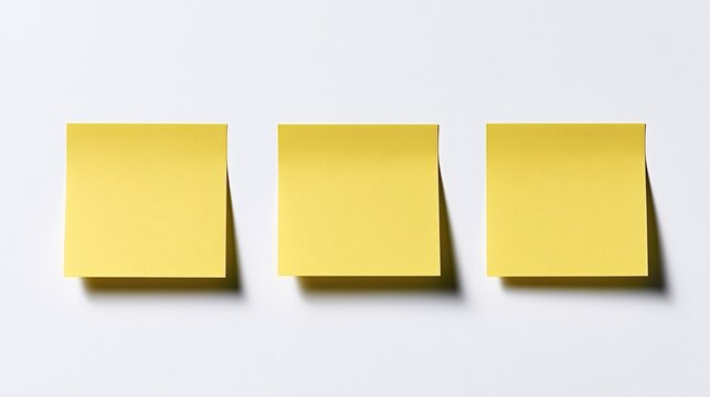 Three blank yellow sticky notes are adhering to a clean white background, providing space for important reminders, messages, and brainstorming concepts