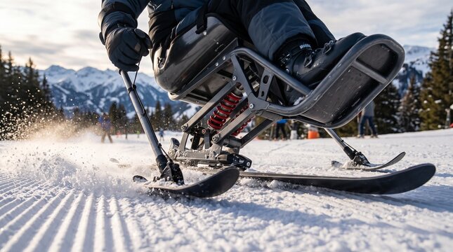 Close view of adaptive ski suspension cutting through fresh snow